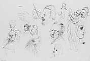 Heads, Hands, Mother and Child, and Other Figures, John Singer Sargent (American, Florence 1856–1925 London), Pen and ink on blue wove paper, American